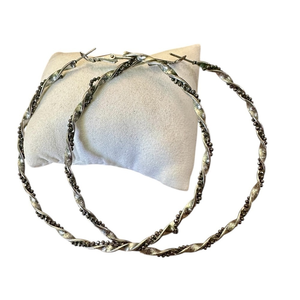 Silver Tone and Black Bead Twist Hoop Earrings - Picture 2 of 2